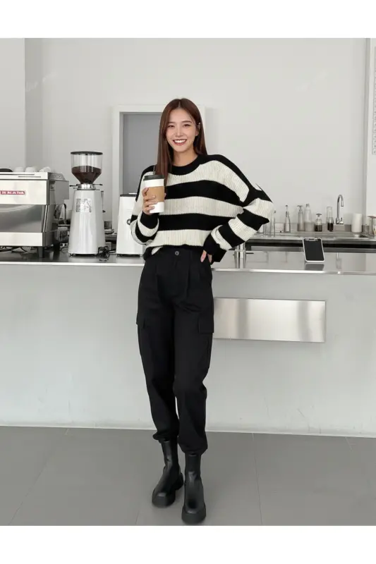 Kadın Siyah Ekru Çizgili Kazak Sevgili Kombini - 2'li parça- Triko Kazak Fmoda6001-Siyah - 6