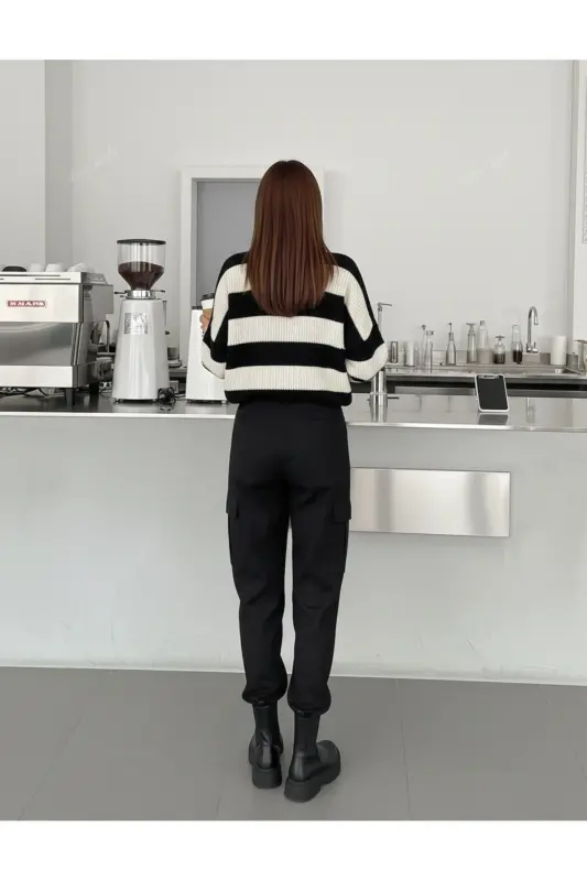 Kadın Siyah Ekru Çizgili Kazak Sevgili Kombini - 2'li parça- Triko Kazak Fmoda6001-Siyah - 7