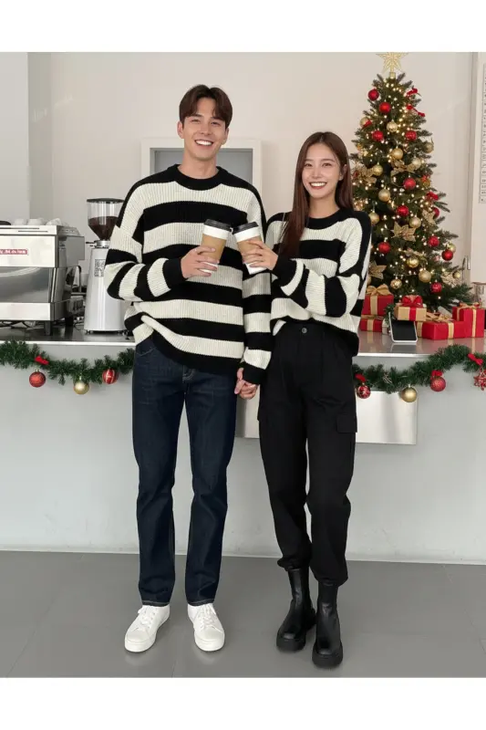 Kadın Siyah Ekru Çizgili Kazak Sevgili Kombini - 2'li parça- Triko Kazak Fmoda6001 - Siyah - DIER MODA