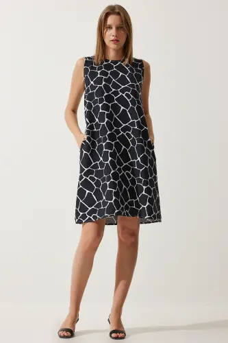 Kadın Siyah Ekru Desenli Yazlık Çan Elbise BV00053-Siyah Ekru - 1