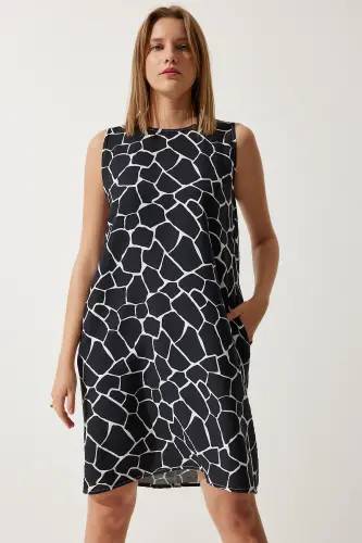 Kadın Siyah Ekru Desenli Yazlık Çan Elbise BV00053-Siyah Ekru - 2