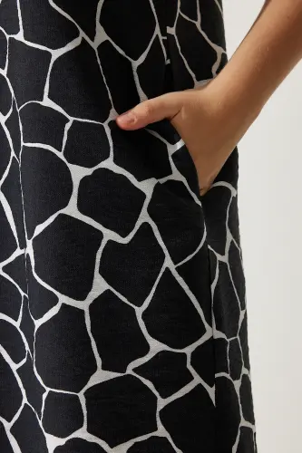 Kadın Siyah Ekru Desenli Yazlık Çan Elbise BV00053-Siyah Ekru - 3