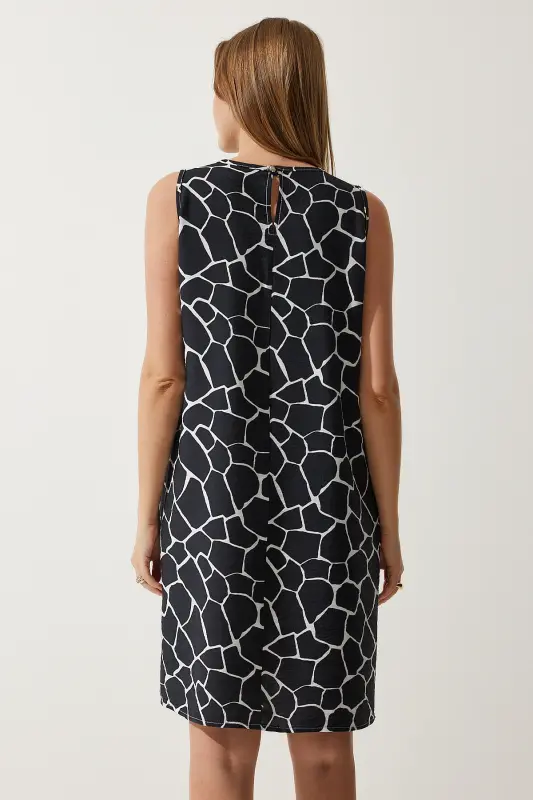 Kadın Siyah Ekru Desenli Yazlık Çan Elbise BV00053-Siyah Ekru - 4