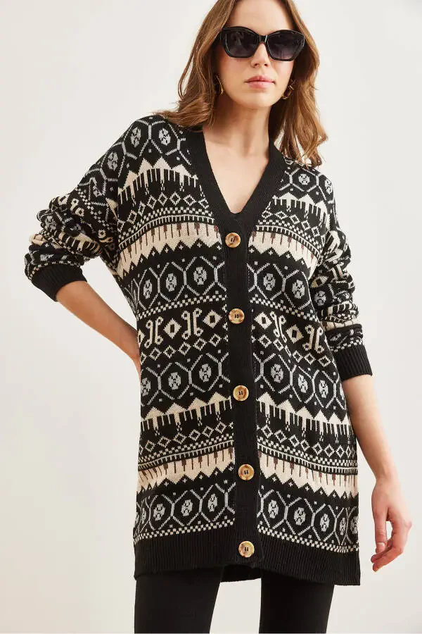 Kadın Siyah Etnik Desenli Oversize Triko Hırka HRK-19000300-Siyah - 3