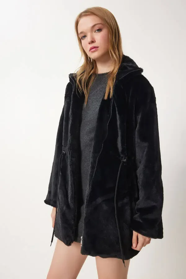 Kadın Siyah Fermuarlı Oversize Kürklü Peluş Kaban RV00149 - 4