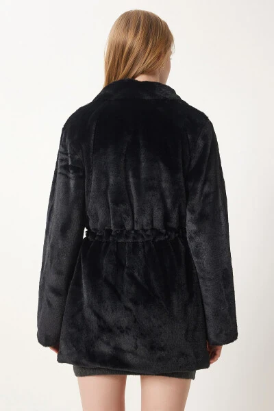 Kadın Siyah Fermuarlı Oversize Kürklü Peluş Kaban RV00149 - 7