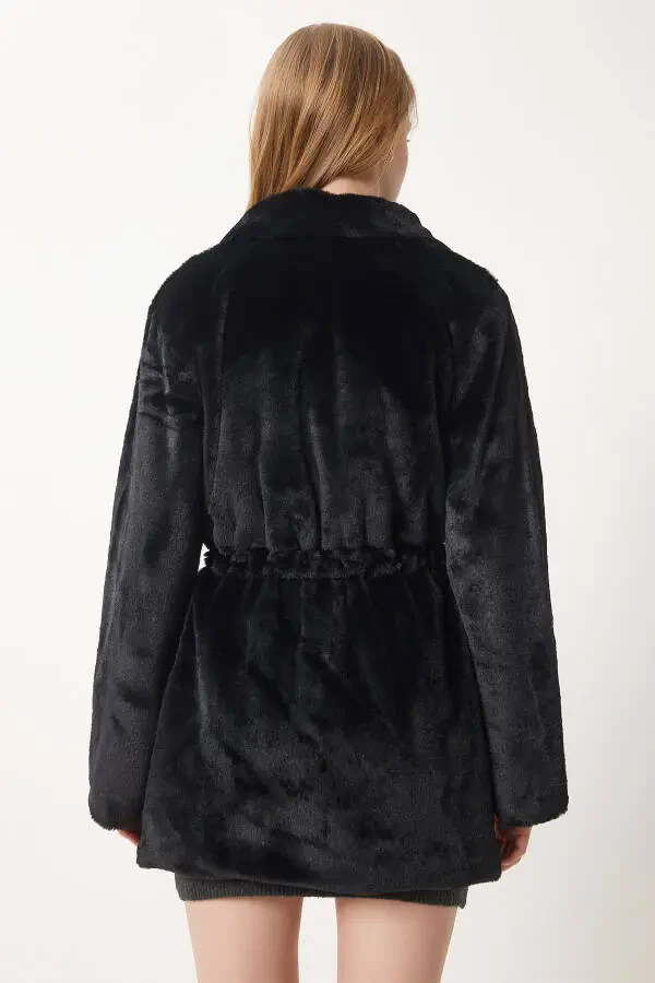 Kadın Siyah Fermuarlı Oversize Kürklü Peluş Kaban RV00149 - 7