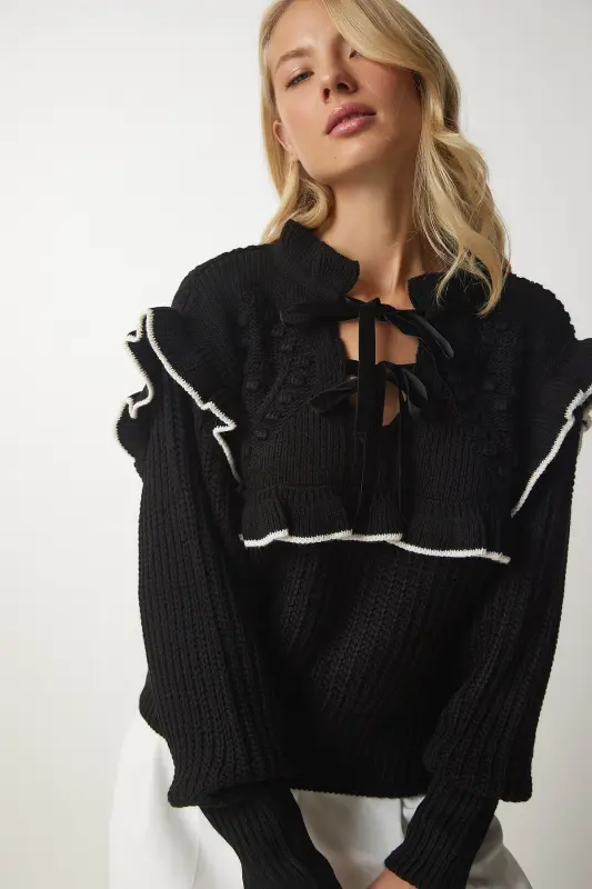 Kadın Siyah Fırfırlı Fiyonklu Yaka Triko Kazak MT00112-Siyah - 2