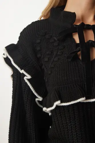 Kadın Siyah Fırfırlı Fiyonklu Yaka Triko Kazak MT00112-Siyah - 4
