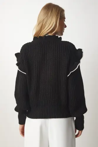 Kadın Siyah Fırfırlı Fiyonklu Yaka Triko Kazak MT00112-Siyah - 5