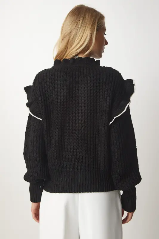 Kadın Siyah Fırfırlı Fiyonklu Yaka Triko Kazak MT00112-Siyah - 5