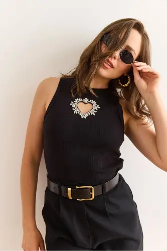 Kadın Siyah Fitilli Taş Kalp Detaylı Likralı Crop Bluz BLZ-19003017-Siyah - 5