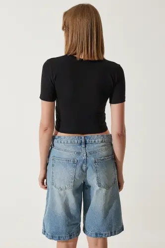 Kadın Siyah Fiyonk Detaylı Crop T-Shirt MC00279 - Siyah - 5