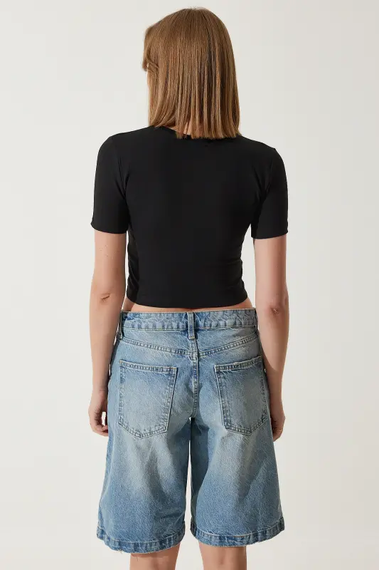 Kadın Siyah Fiyonk Detaylı Crop T-Shirt MC00279 - Siyah - 5