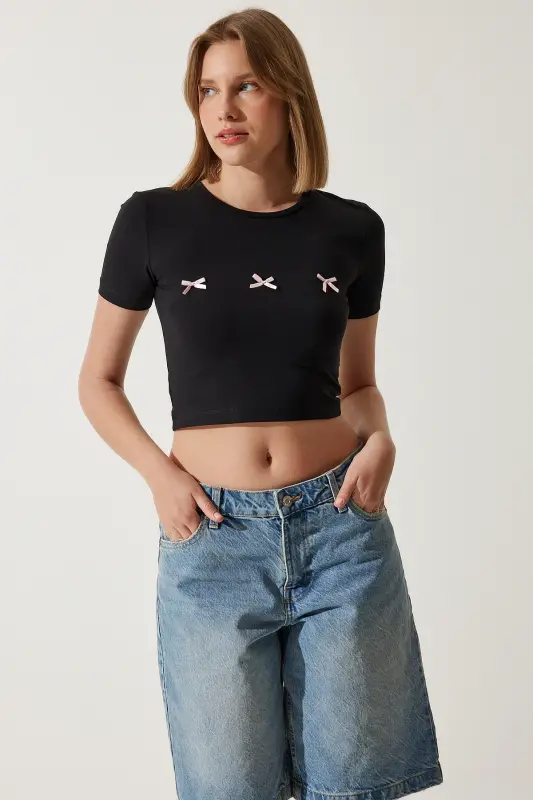 Kadın Siyah Fiyonk Detaylı Crop T-Shirt MC00279-Siyah - 2