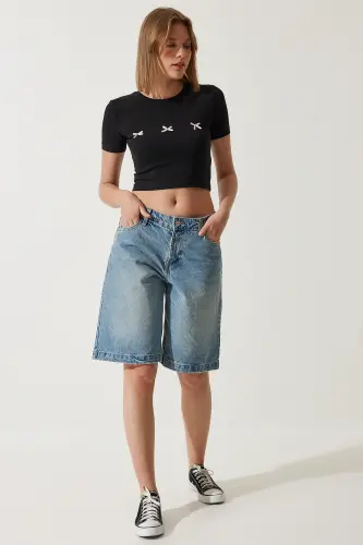Kadın Siyah Fiyonk Detaylı Crop T-Shirt MC00279-Siyah - 3