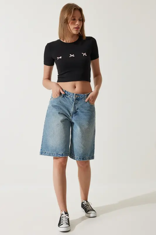 Kadın Siyah Fiyonk Detaylı Crop T-Shirt MC00279-Siyah - 3