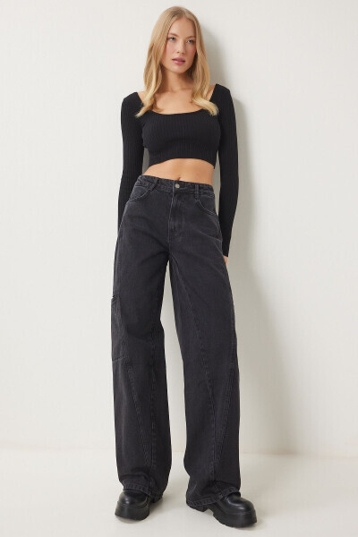 Kadın Siyah Geniş Paça Kargo Jean FN03184 - Siyah - HAPPINESS İSTANBUL (1)