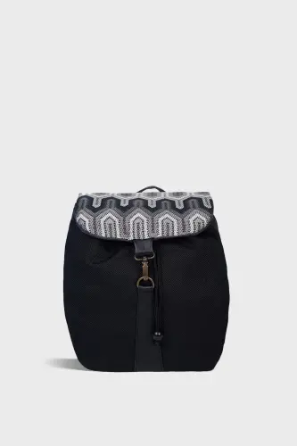 Kadın Siyah Geometrik El Yapımı Sırt Çantası-SiyahGeometrik - 1