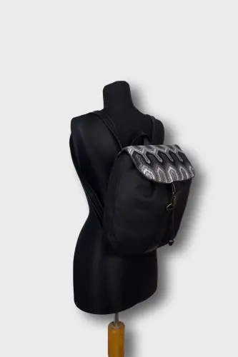 Kadın Siyah Geometrik El Yapımı Sırt Çantası-SiyahGeometrik - 3