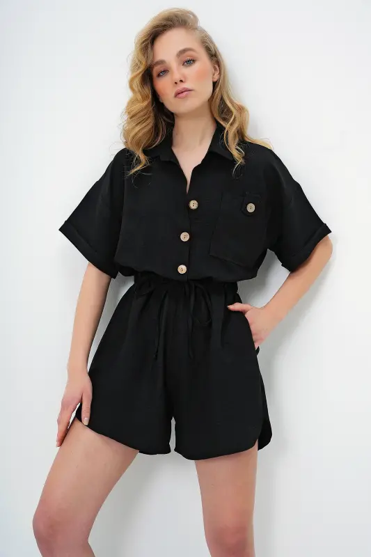 Kadın Siyah Gömlek Yaka Çift Cepli Şort Tulum ALC-X11611-SİYAH - 2