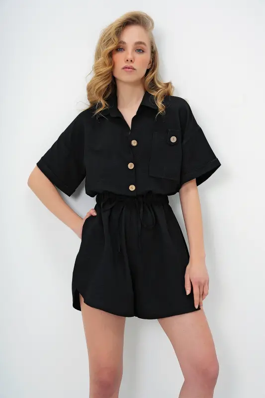 Kadın Siyah Gömlek Yaka Çift Cepli Şort Tulum ALC-X11611-SİYAH - 3