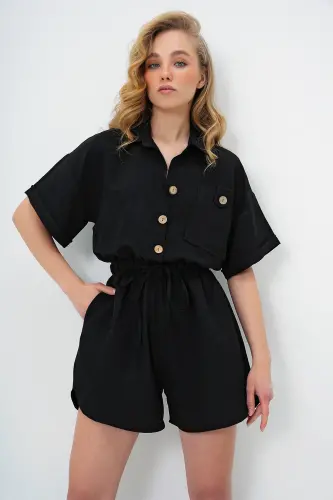 Kadın Siyah Gömlek Yaka Çift Cepli Şort Tulum ALC-X11611-SİYAH - 4