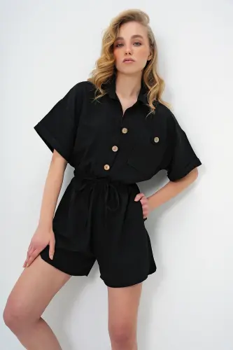 Kadın Siyah Gömlek Yaka Çift Cepli Şort Tulum ALC-X11611-SİYAH - 5