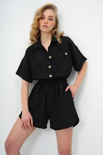 Kadın Siyah Gömlek Yaka Çift Cepli Şort Tulum ALC-X11611-SİYAH 