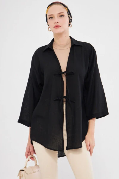 Kadın Siyah Gömlek Yakalı Önden Bağcıklı Kimono Gömlek ARM-25K001006-Siyah 