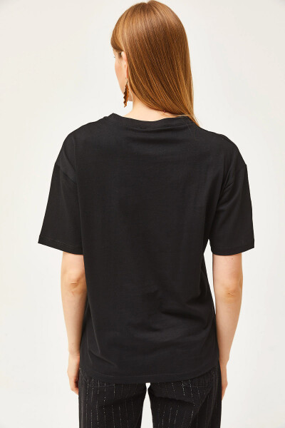Kadın Siyah Göz Baskılı Varak Detaylı Tişört TSH-19000770-Siyah - 5