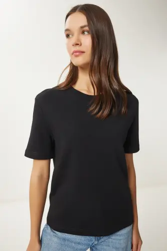 Kadın Siyah Gri Melanj 2'Li Paket Pamuklu Basic Örme T-Shirt AG00002-Siyah Gri Melanj - 2