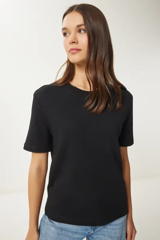 Kadın Siyah Gri Melanj 2'Li Paket Pamuklu Basic Örme T-Shirt AG00002-Siyah Gri Melanj - 2