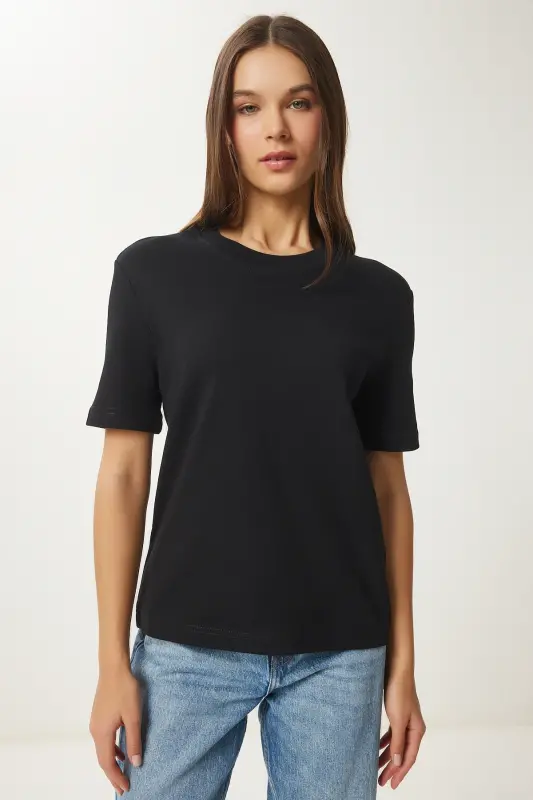 Kadın Siyah Gri Melanj 2'Li Paket Pamuklu Basic Örme T-Shirt AG00002-Siyah Gri Melanj - 3