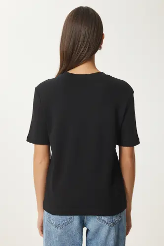 Kadın Siyah Gri Melanj 2'Li Paket Pamuklu Basic Örme T-Shirt AG00002-Siyah Gri Melanj - 5