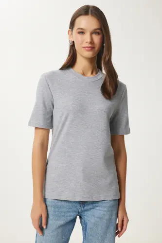 Kadın Siyah Gri Melanj 2'Li Paket Pamuklu Basic Örme T-Shirt AG00002-Siyah Gri Melanj - 7
