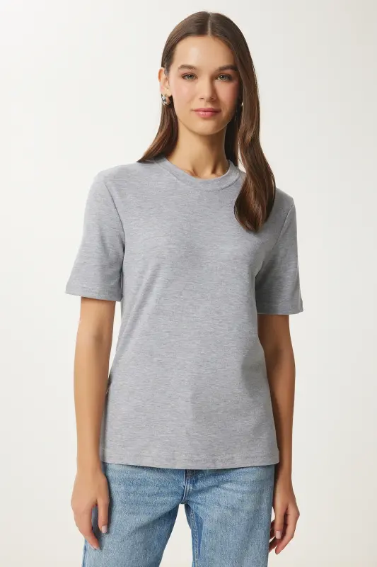 Kadın Siyah Gri Melanj 2'Li Paket Pamuklu Basic Örme T-Shirt AG00002-Siyah Gri Melanj - 7