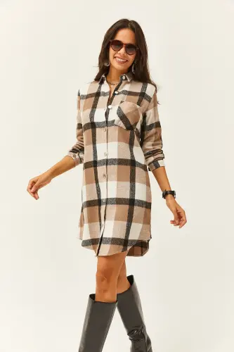 Kadın Siyah Gri Oduncu Kalın Ekose Tunik Elbise ELB-19000836-Siyah Gri - 3