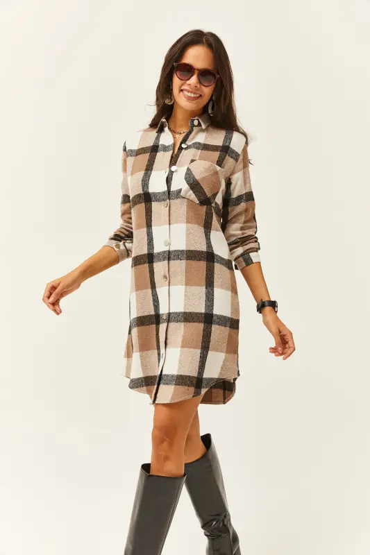 Kadın Siyah Gri Oduncu Kalın Ekose Tunik Elbise ELB-19000836-Siyah Gri - 3