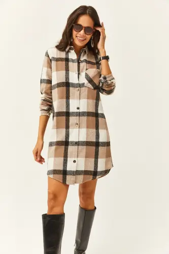 Kadın Siyah Gri Oduncu Kalın Ekose Tunik Elbise ELB-19000836-Siyah Gri - 5