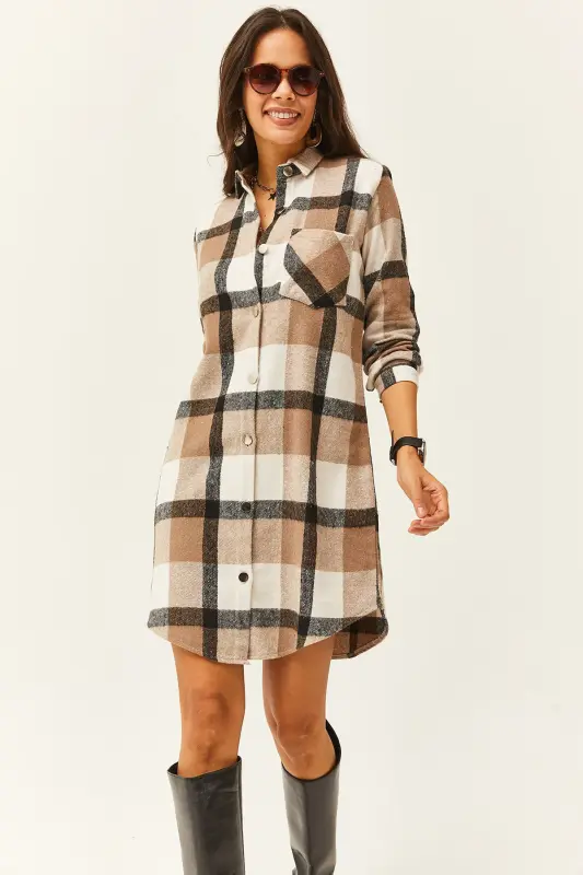 Kadın Siyah Gri Oduncu Kalın Ekose Tunik Elbise ELB-19000836-Siyah Gri - 1