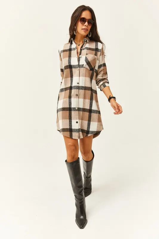 Kadın Siyah Gri Oduncu Kalın Ekose Tunik Elbise ELB-19000836-Siyah Gri - 2