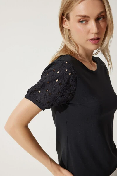 Kadın Siyah Güpür Kollu Pamuklu Basic Örme T-Shirt VF00001-Siyah - 1