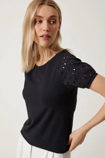 Kadın Siyah Güpür Kollu Pamuklu Basic Örme T-Shirt VF00001-Siyah - 2