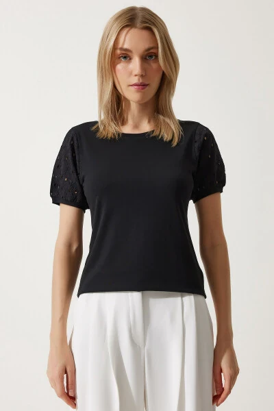 Kadın Siyah Güpür Kollu Pamuklu Basic Örme T-Shirt VF00001-Siyah - 3