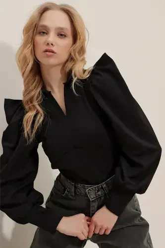 Kadın Siyah Hakim Yaka Prenses Kol Dokuma Crop Bluz ALC-X9659-SİYAH - TREND ALAÇATI STILI (1)