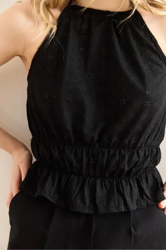 Kadın Siyah Halter Yaka Beli Lastikli Fisto Bluz BLZ-19003008 - Siyah - 5