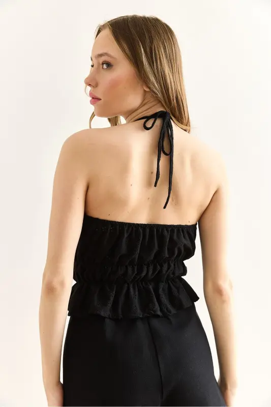 Kadın Siyah Halter Yaka Beli Lastikli Fisto Bluz BLZ-19003008 - Siyah - 6