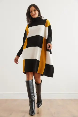 Kadın Siyah Hardal Ekose Kalın Panço Tunik Elbise ELB-19002323-Siyah Hardal - OLALOOK (1)