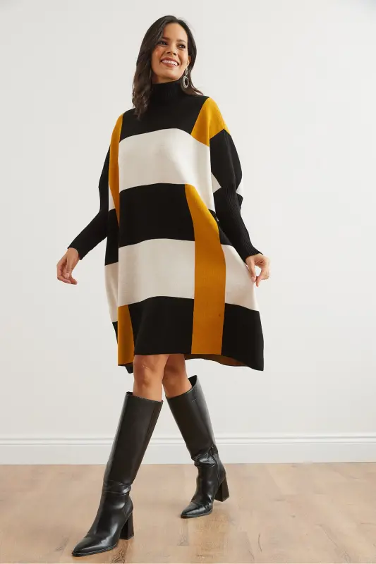 Kadın Siyah Hardal Ekose Kalın Panço Tunik Elbise ELB-19002323-Siyah Hardal - 3